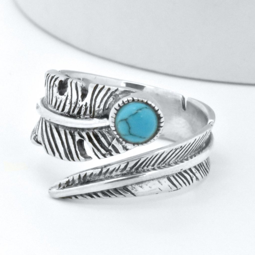 925 Silver Blue Turquoise Feather Adjustable Ring